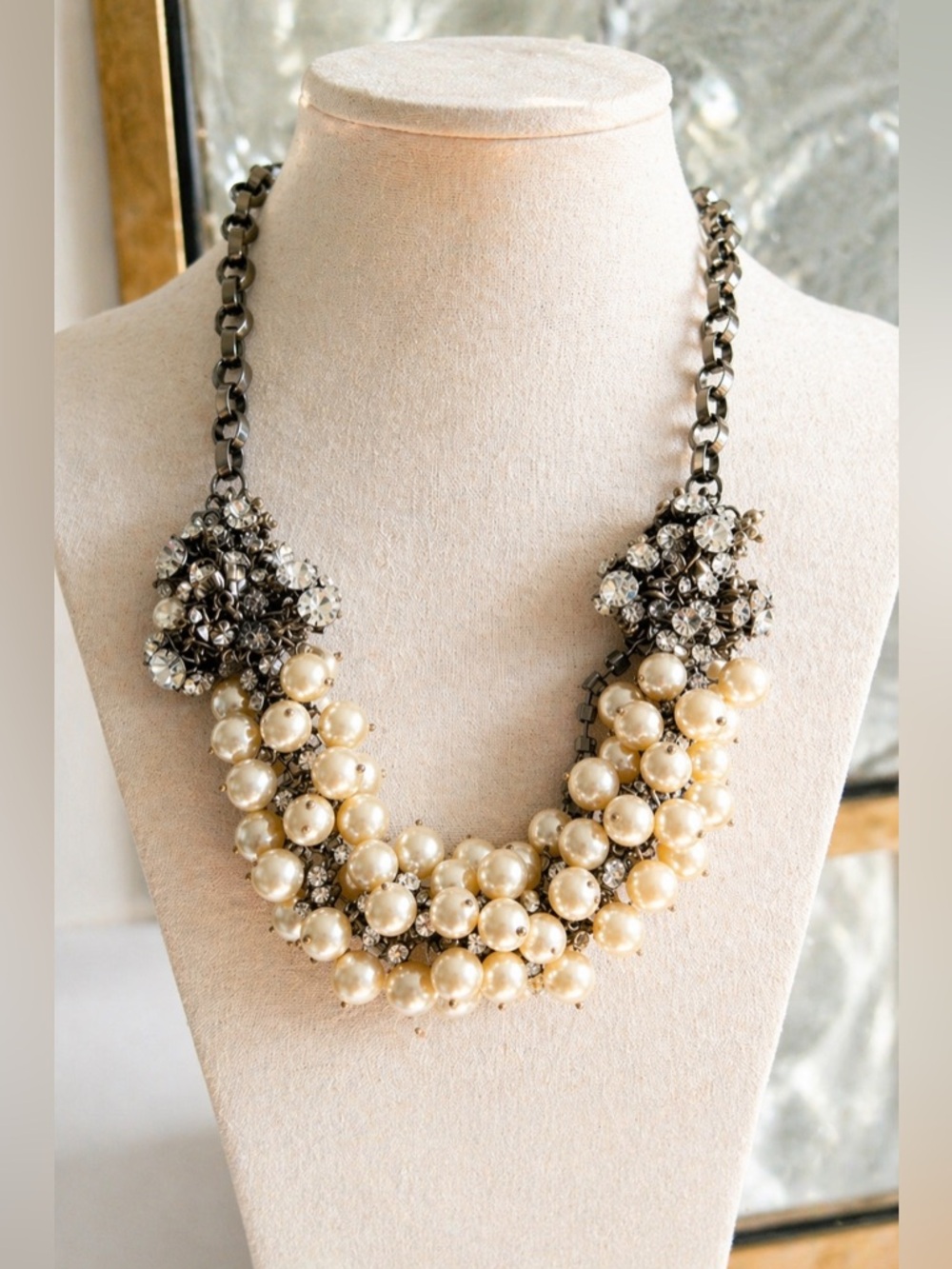J.Crew Pearl Crystal Statement Necklace | Bridal Wedding Event Bib 24”